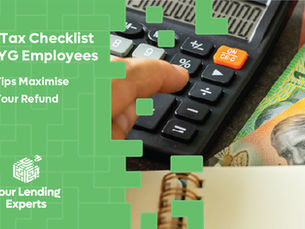 Australian tax refund graphic with calculator, $50 notes, glasses, notebook and hand; text: EOFY Tax Checklist for PAYG Employees.