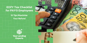 Australian tax refund graphic with calculator, $50 notes, glasses, notebook and hand; text: EOFY Tax Checklist for PAYG Employees.