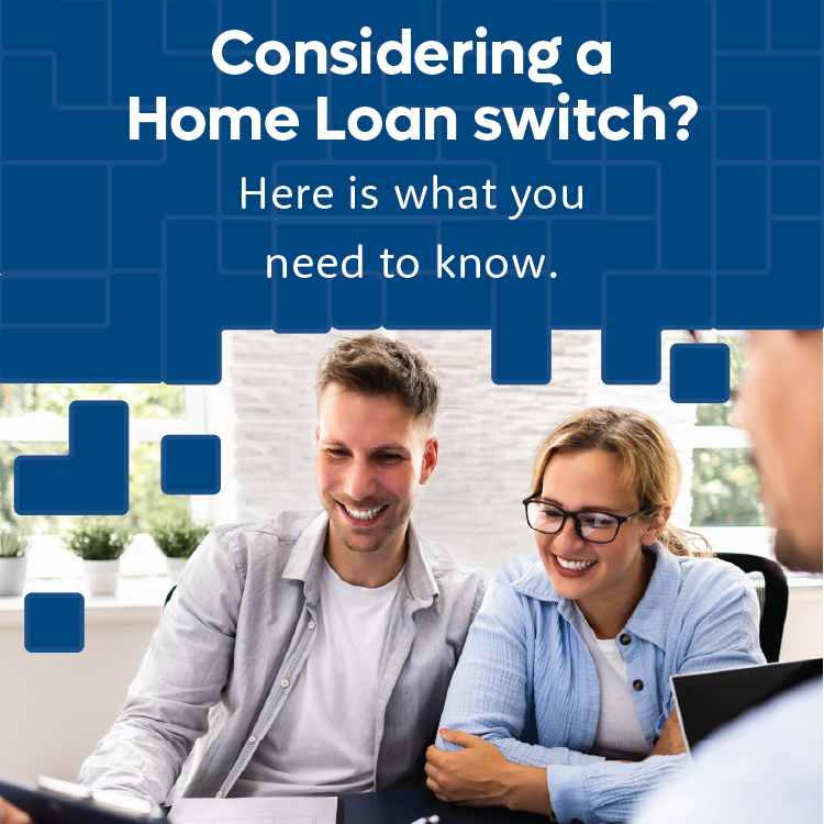 Smiling couple discusses home loan options with advisor. Text reads: "Considering a Home Loan switch? Here is what you need to know."