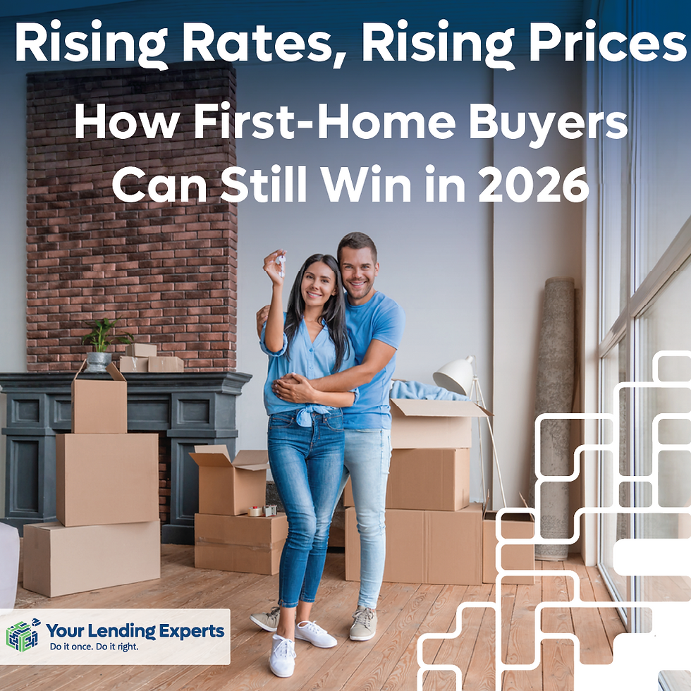 Couple in new home, smiling and holding keys. Boxes and lamp in background. Text: "Rising Rates, Rising Prices. How First-Home Buyers Can Win in 2026."