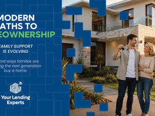 Family stands outside modern home; son holds house keys. Poster reads Modern Paths to Homeownership and Your Lending Experts.