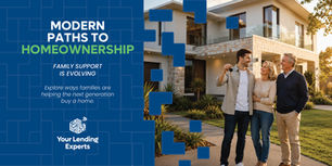 Family stands outside modern home; son holds house keys. Poster reads Modern Paths to Homeownership and Your Lending Experts.