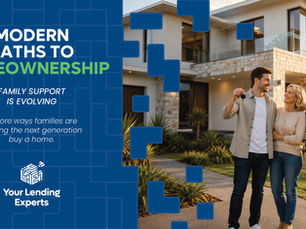 Family stands outside modern home; son holds house keys. Poster reads Modern Paths to Homeownership and Your Lending Experts.