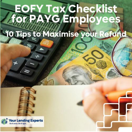 Australian tax refund graphic with calculator, $50 notes, glasses, notebook and hand; text: EOFY Tax Checklist for PAYG Employees.