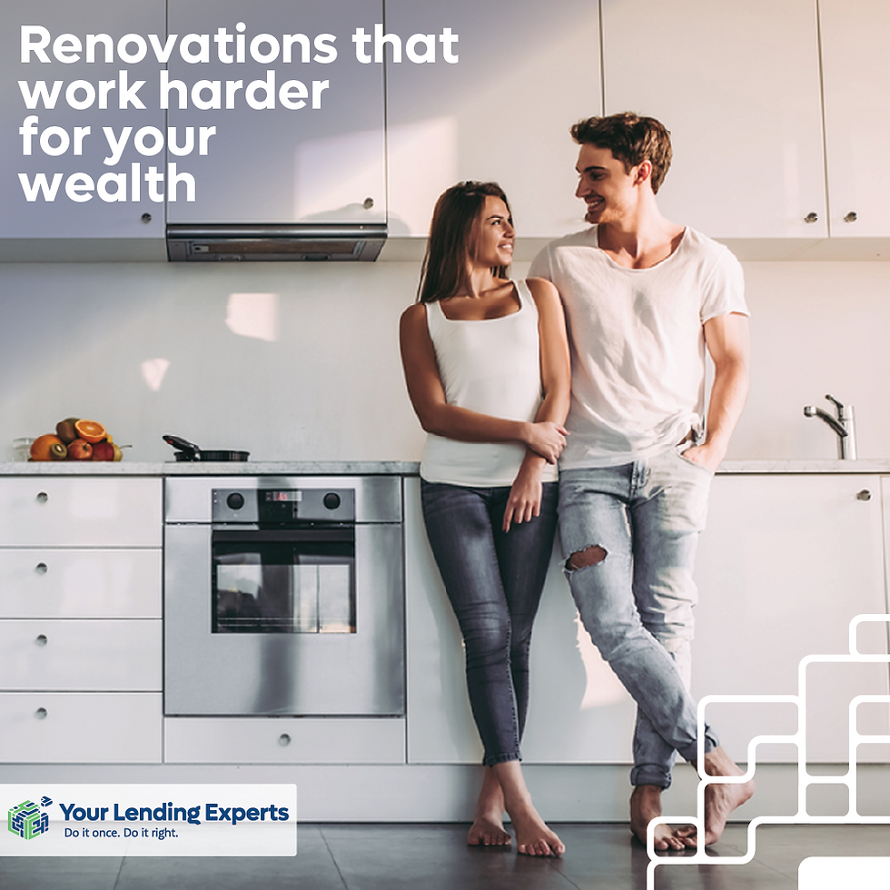 A couple smiles in a modern kitchen; text reads "Renovations that work harder for your wealth." Bright, clean setting with white cabinets.