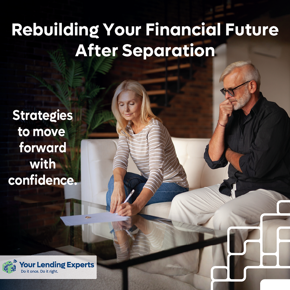 A man and woman sit on a couch, discussing papers. Text reads: Rebuilding Your Financial Future After Separation. Modern setting.