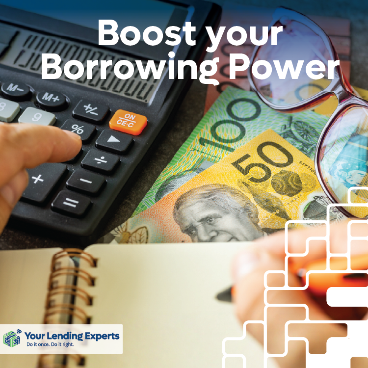 Calculator and hand on notepad with Australian currency. Text reads "Boost your Borrowing Power." Glasses nearby. Mood: focused.