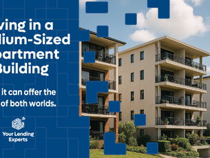 A modern medium‑sized apartment complex featuring several four‑level residential buildings with balconies, surrounded by landscaped gardens under a bright blue sky with scattered clouds. The image represents community living in mid‑sized apartment buildings, highlighting a clean, well‑maintained urban environment.