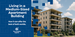 A modern medium‑sized apartment complex featuring several four‑level residential buildings with balconies, surrounded by landscaped gardens under a bright blue sky with scattered clouds. The image represents community living in mid‑sized apartment buildings, highlighting a clean, well‑maintained urban environment.