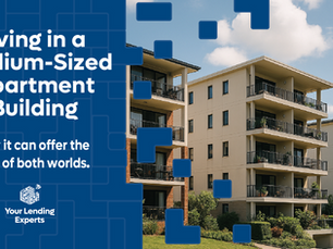 A modern medium‑sized apartment complex featuring several four‑level residential buildings with balconies, surrounded by landscaped gardens under a bright blue sky with scattered clouds. The image represents community living in mid‑sized apartment buildings, highlighting a clean, well‑maintained urban environment.