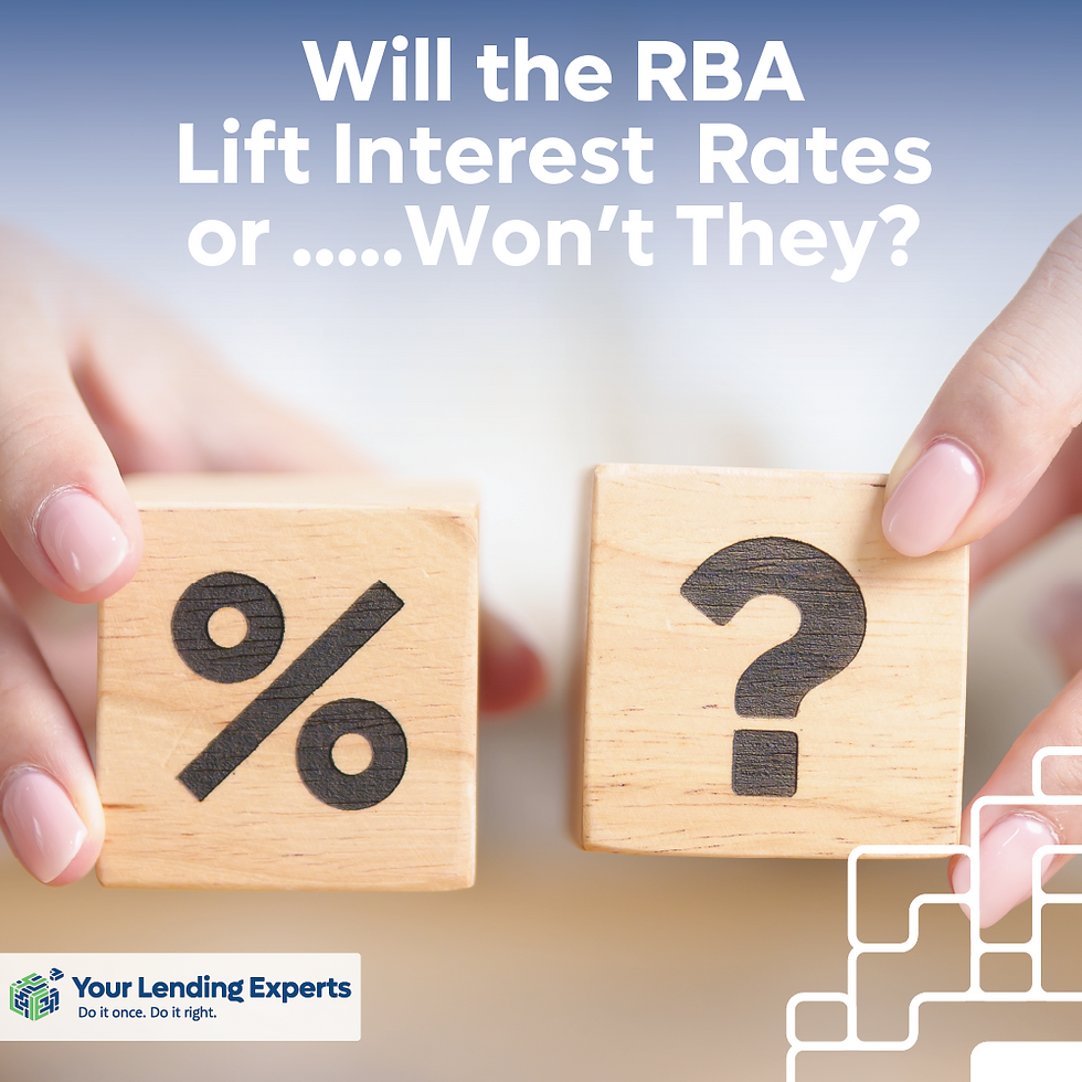 Hands hold wooden blocks with % and ? symbols. Text asks "Will the RBA Lift Interest Rates or...Won’t They?" Logo: Your Lending Experts.