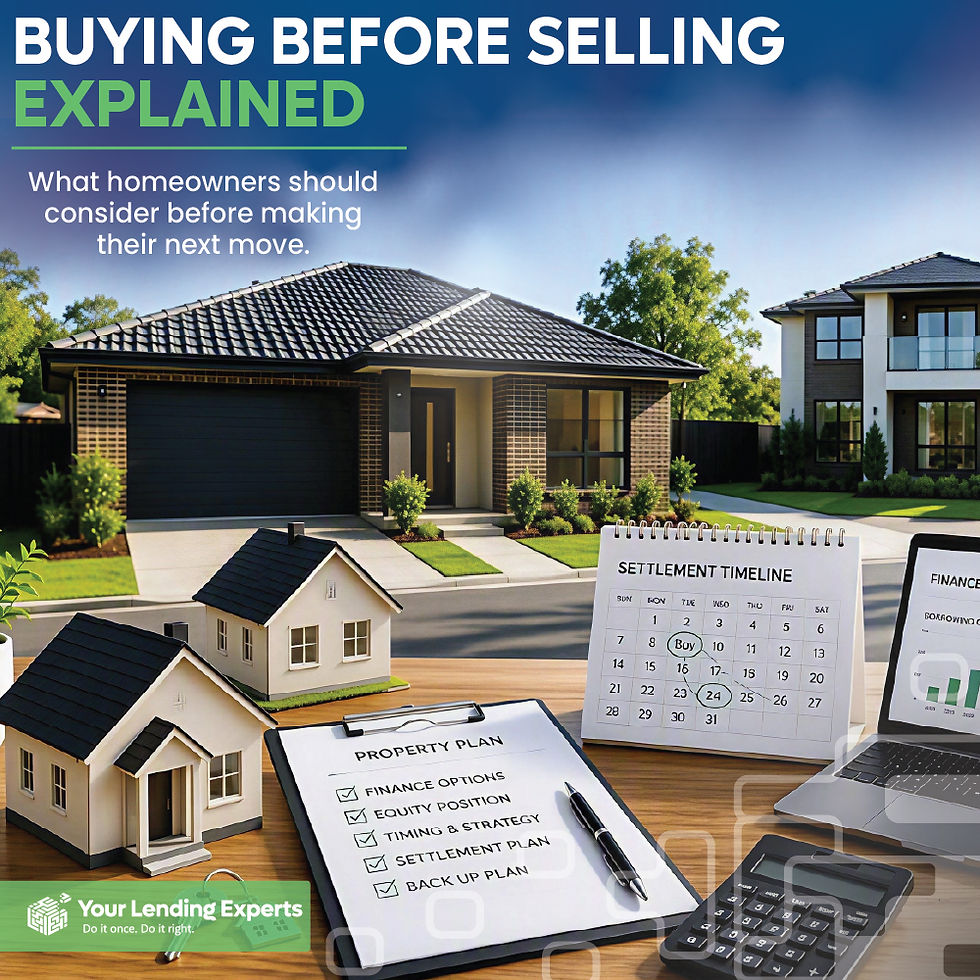 Real estate graphic of suburban houses, property plan checklist, settlement timeline, calculator and laptop; text: Buying Before Selling Explained