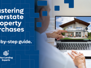 Two people point at a laptop showing a house. Text reads "Mastering Interstate Property Purchases." The logo says "Your Lending Experts."