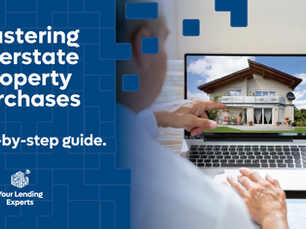 Two people point at a laptop showing a house. Text reads "Mastering Interstate Property Purchases." The logo says "Your Lending Experts."