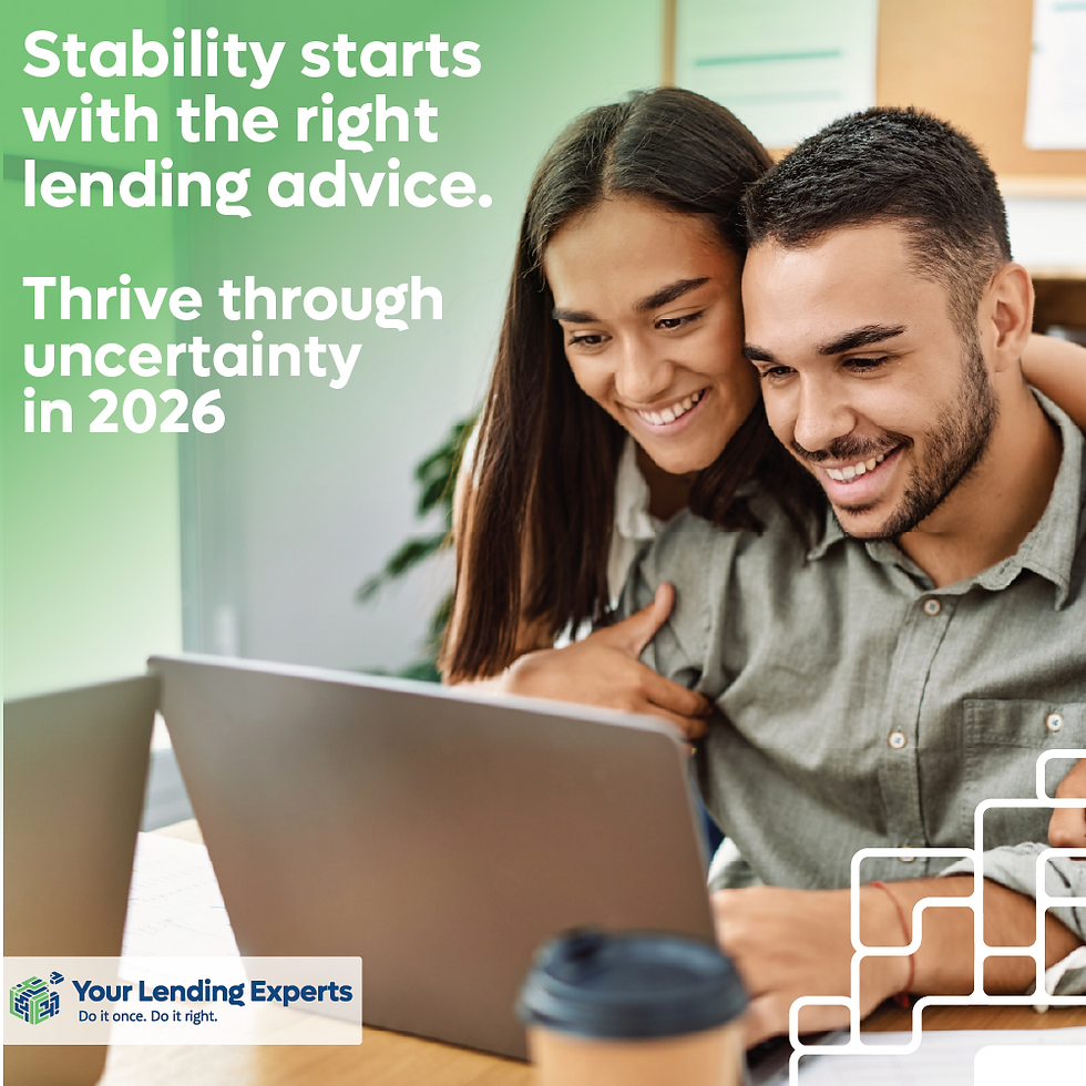 Smiling couple using a laptop in a cozy setting. Text reads "Stability starts with the right lending advice. Thrive in 2026."