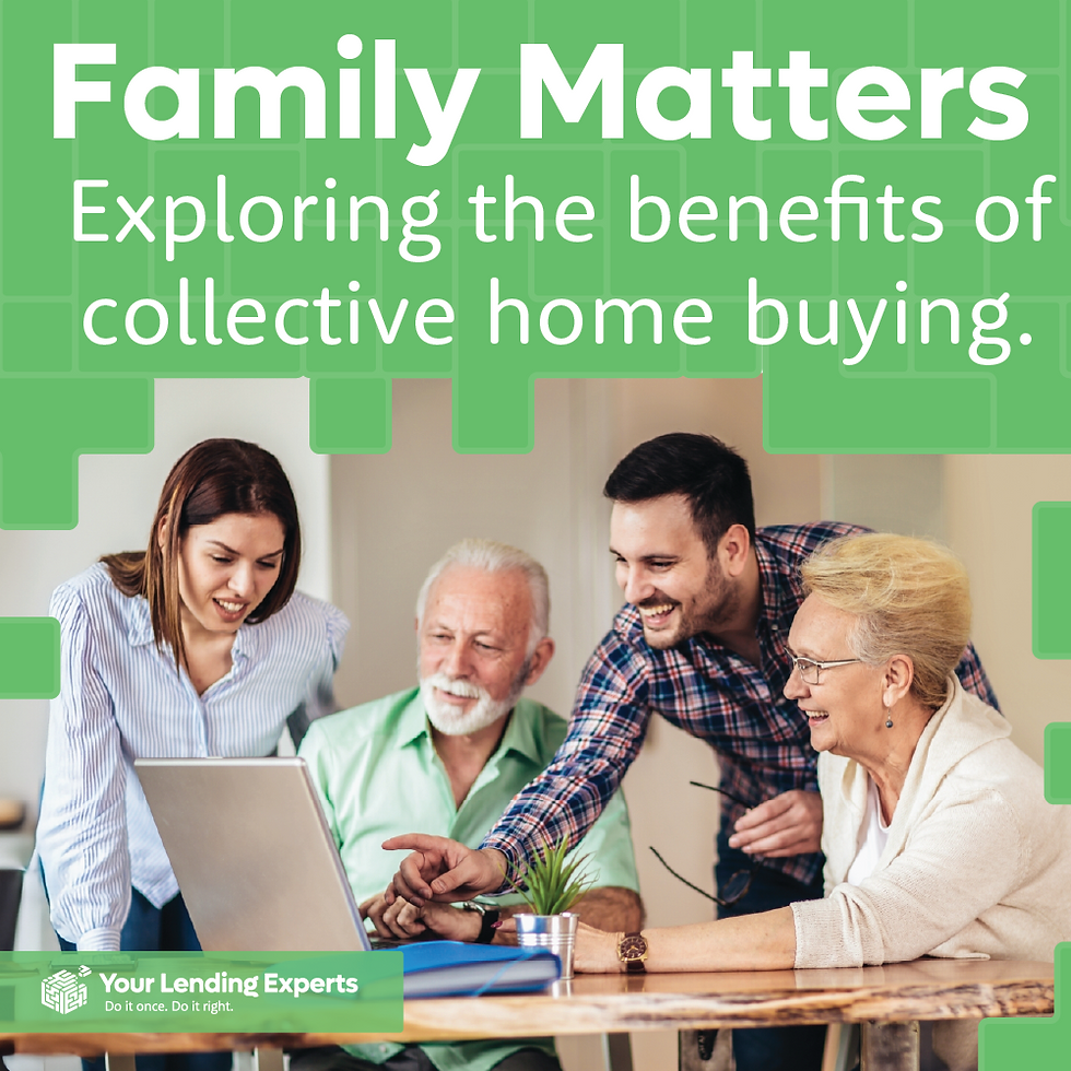 Group of four people smiling and discussing over a laptop. Text reads "Family Matters: Exploring the benefits of collective home buying."