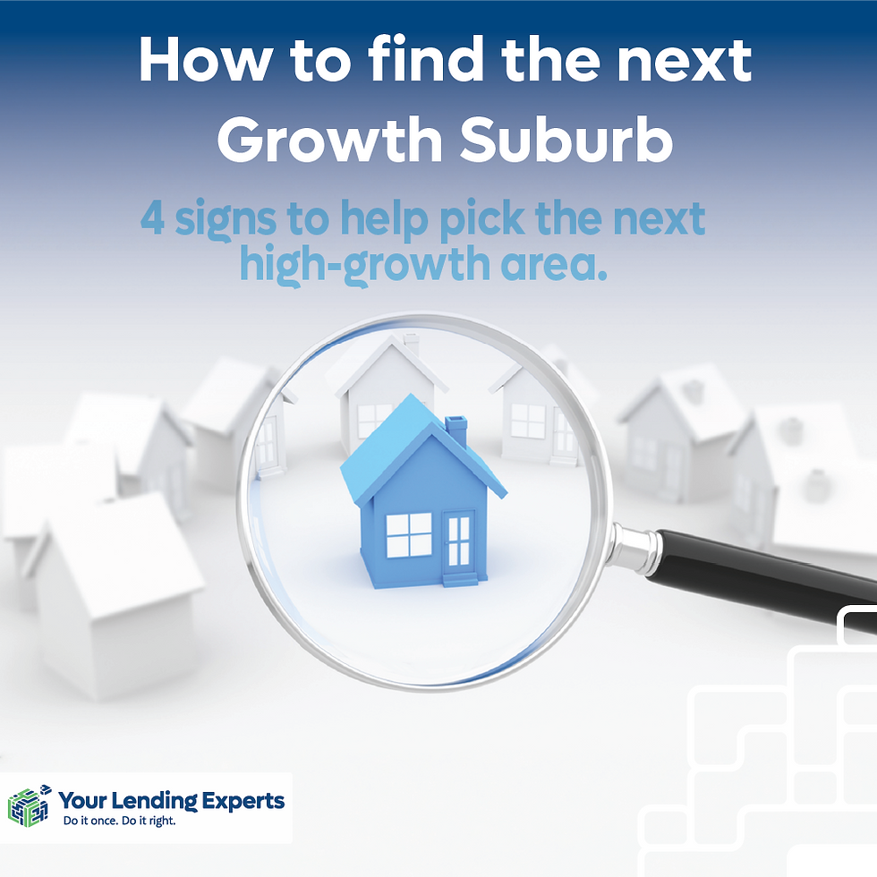 Magnifying glass over blue house model, with text on finding growth suburbs. Background has white houses. Text: "Your Lending Experts."
