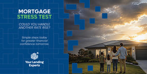 Family stands outside a modern home at sunset under stormy clouds; mortgage stress test ad asks, Could you handle another rate rise?