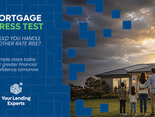 Family stands outside a modern home at sunset under stormy clouds; mortgage stress test ad asks, Could you handle another rate rise?
