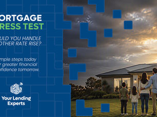 Family stands outside a modern home at sunset under stormy clouds; mortgage stress test ad asks, Could you handle another rate rise?