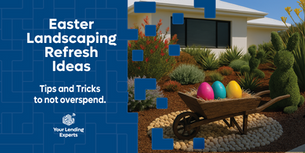 Rustic wheelbarrow with colourful Easter eggs on a stone feature in an Australian native garden with a bunny topiary.