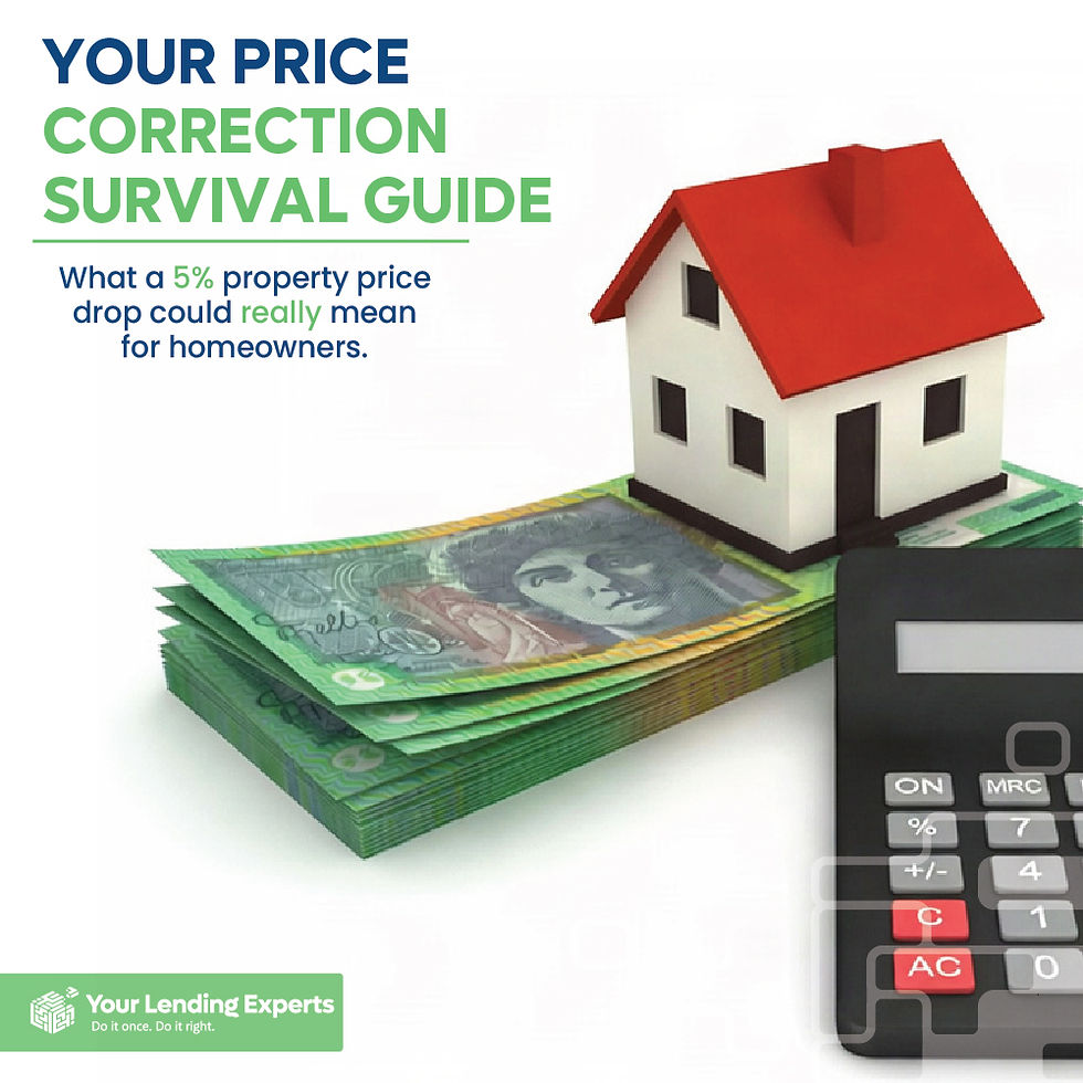 Ad with house on stacks of cash and a calculator; text reads Your Price Correction Survival Guide and 5% property price drop.