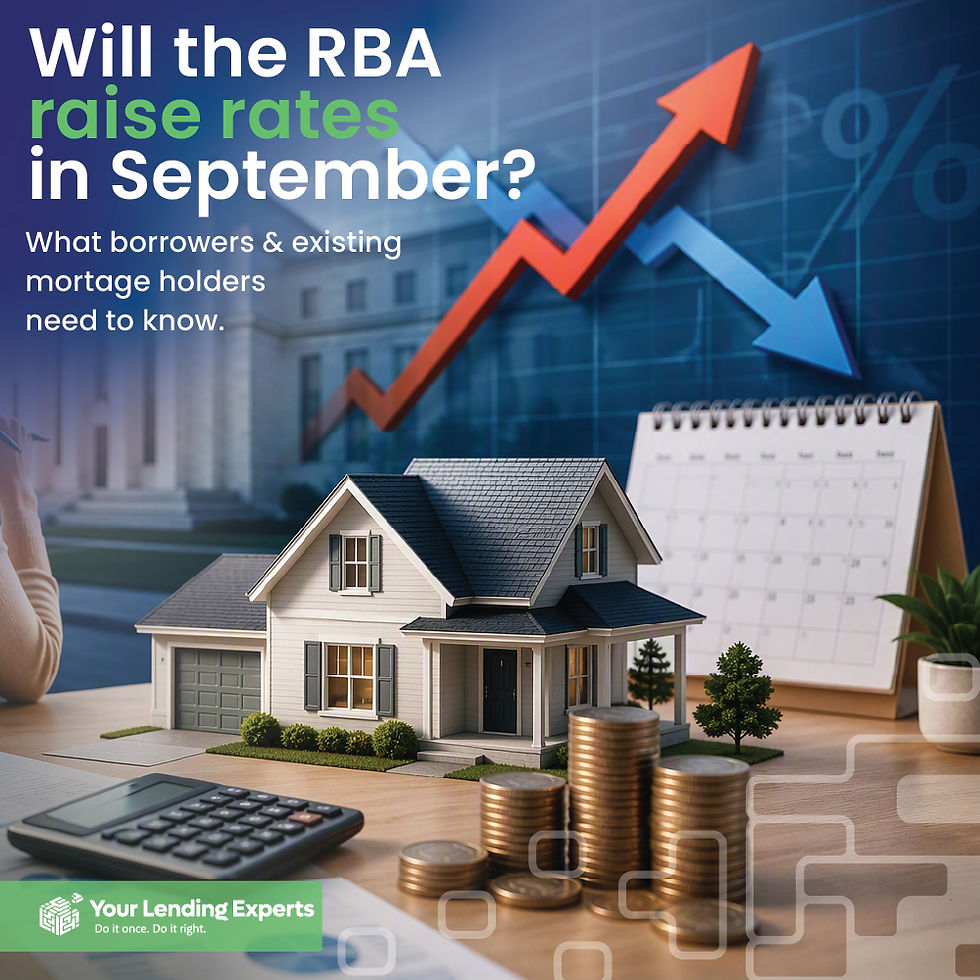 Mortgage graphic with model house, coins, calculator, calendar and red/blue arrows. Text: Will the RBA raise rates in September?