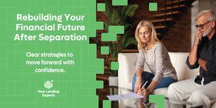 A man and woman sit on a couch, discussing papers. Text reads: Rebuilding Your Financial Future After Separation. Modern setting.