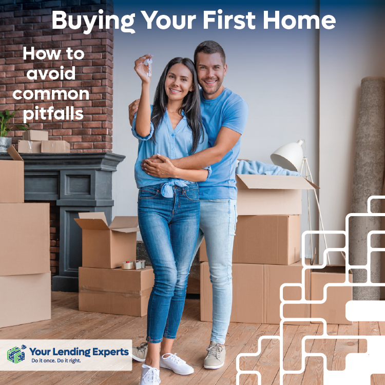 Happy couple in casual clothes holds keys in a room with moving boxes. Text: Buying Your First Home, Avoiding Common Pitfalls.