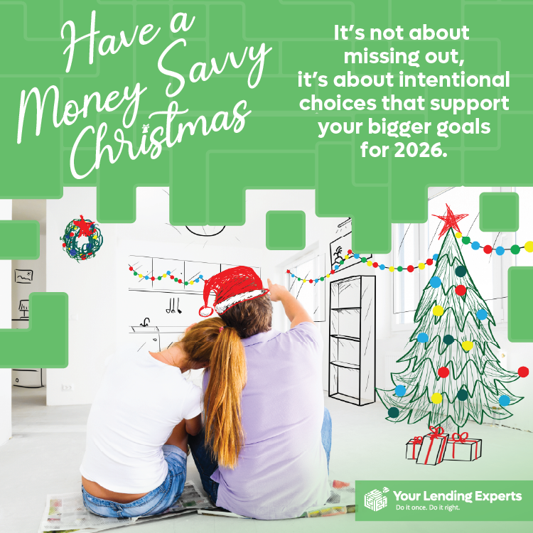Couple in festive hats sits on floor with DIY Christmas decor backdrop. Text: Have a Money Savvy Christmas; focuses on goals for 2026.