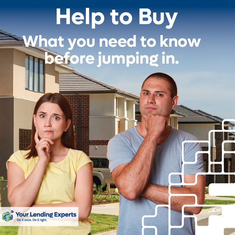 Two thoughtful individuals stand before modern houses under a blue sky. Text reads "Help to Buy: What you need to know before jumping in."