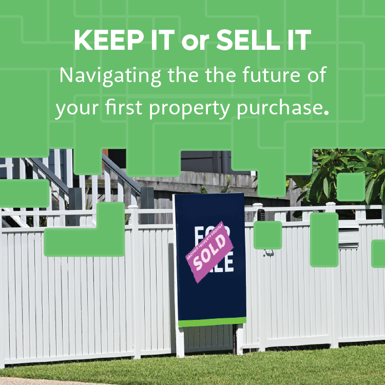 "Green text 'KEEP IT or SELL IT' over a white fence with a 'SOLD' sign. Background features a house and greenery, suggesting property sale."