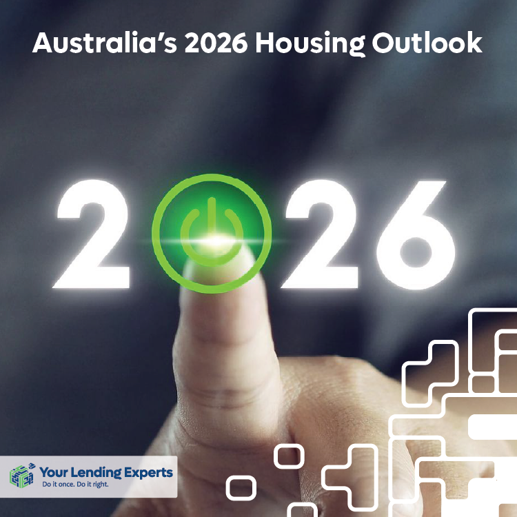 Finger pressing a glowing green power button in the number "2026" on a dark background. Text: Australia’s 2026 Housing Outlook.