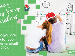 Couple in Santa hats decorates a room with a Christmas tree. Text: "Have a Money Savvy Christmas" and "Tips so you are ready for your best financial self in 2026"Aussie Households."