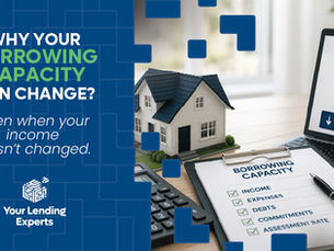 Borrowing Capacity Explained with laptop chart and house model; clipboard reads Borrowing Capacity, income, expenses, debts, commitments, assessment rate.