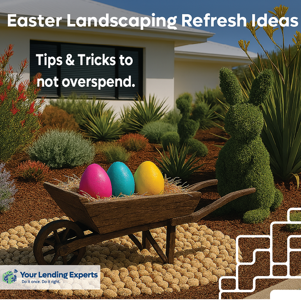 Rustic wheelbarrow with colourful Easter eggs on a stone feature in an Australian native garden with a bunny topiary.