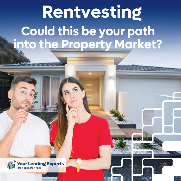 Two people looking thoughtful in front of a modern house, text reads “Rentvesting: Could this be your path into the Property Market?”