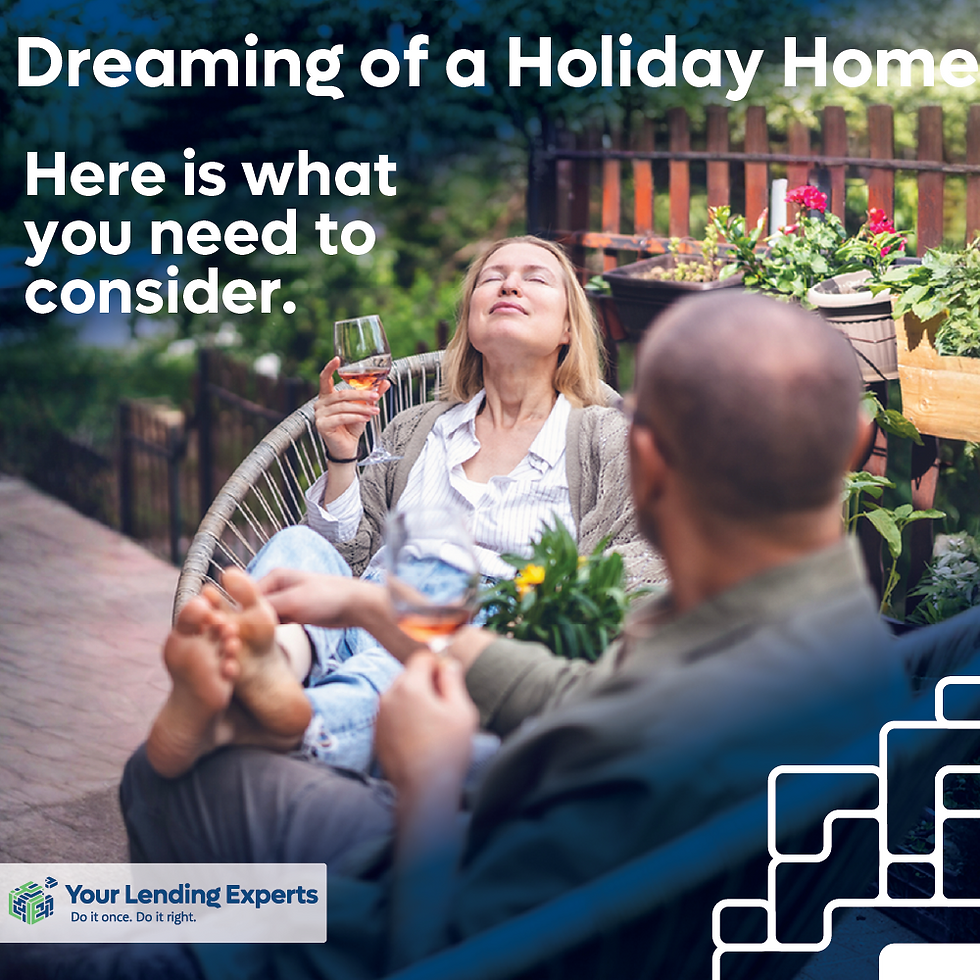 A woman relaxes in a garden chair with a drink, smiling peacefully. Text: "Dreaming of a Holiday Home. Here is what you need to consider."