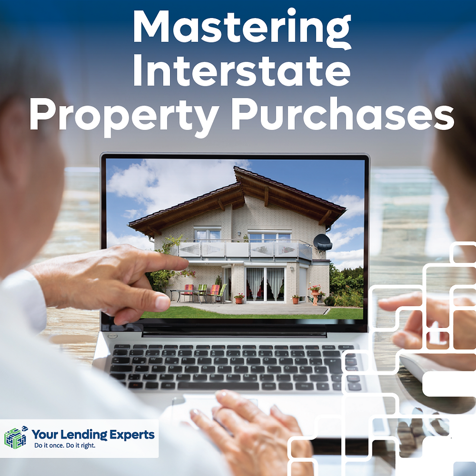 Two people point at a laptop showing a house. Text reads "Mastering Interstate Property Purchases." The logo says "Your Lending Experts."