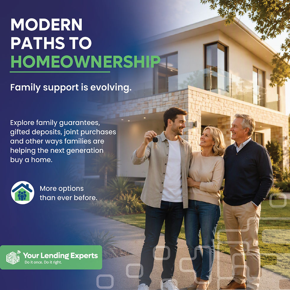 Family stands outside modern home; son holds house keys. Poster reads Modern Paths to Homeownership and Your Lending Experts.