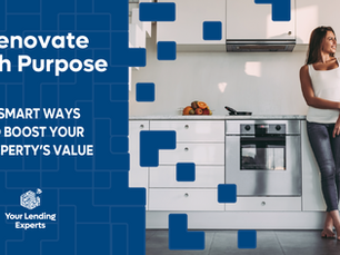 A couple smiles in a modern kitchen; text reads "Renovate with Purpose. 5 smart ways to boost your property's value" Bright, clean setting with white cabinets.