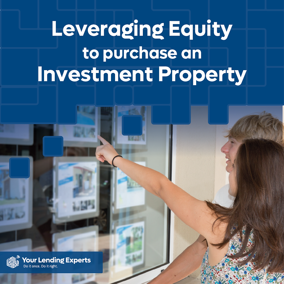 A couple looks at real estate listings in a window. Text reads: Leveraging Equity to purchase an Investment Property. Blue background.