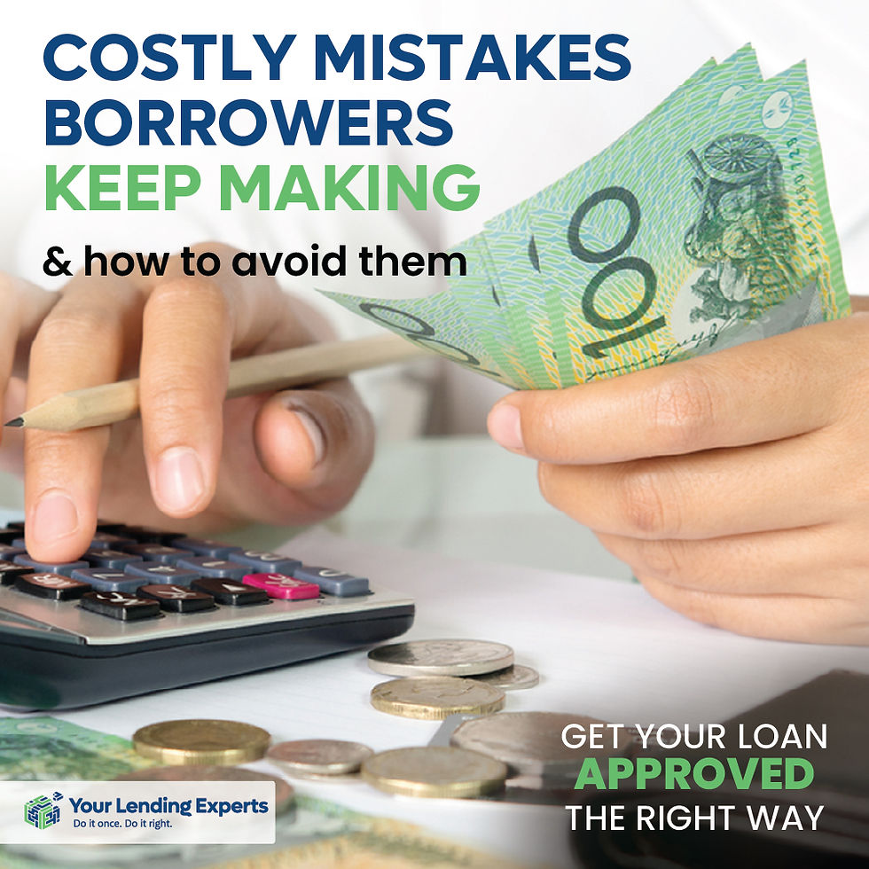 Hands count money with calculator and $100 note; ad text reads Costly mistakes borrowers keep making and Get your loan approved.