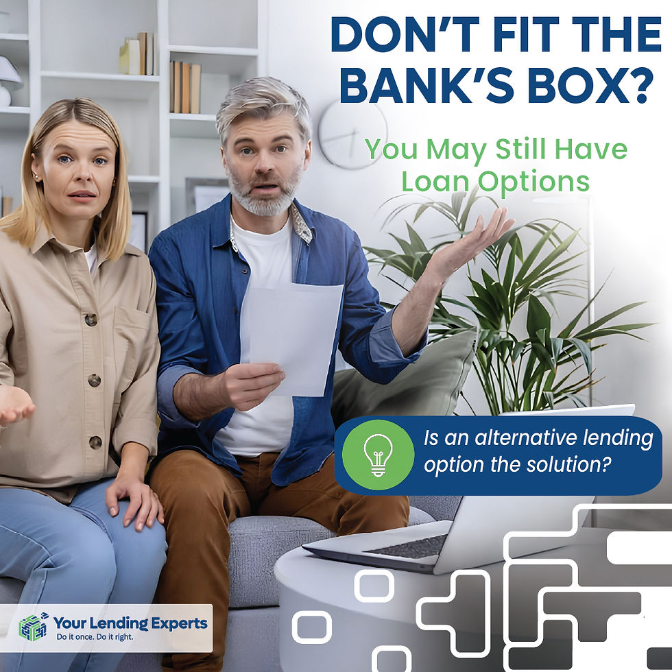 Concerned couple on a sofa with laptop and papers, in a bright room, beside text: Don’t fit the bank’s box? Loan options.