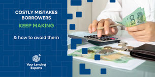 Hands count money with calculator and $100 note; ad text reads Costly mistakes borrowers keep making and Get your loan approved.