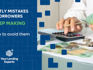Hands count money with calculator and $100 note; ad text reads Costly mistakes borrowers keep making and Get your loan approved.