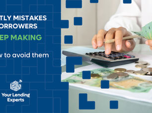 Hands count money with calculator and $100 note; ad text reads Costly mistakes borrowers keep making and Get your loan approved.