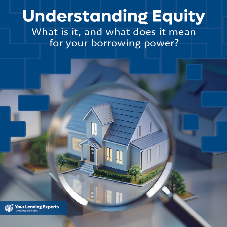 Magnifying glass over a small model house with blue roof. Background shows abstract blue shapes. Text: "Understanding Equity." Mood is informative.