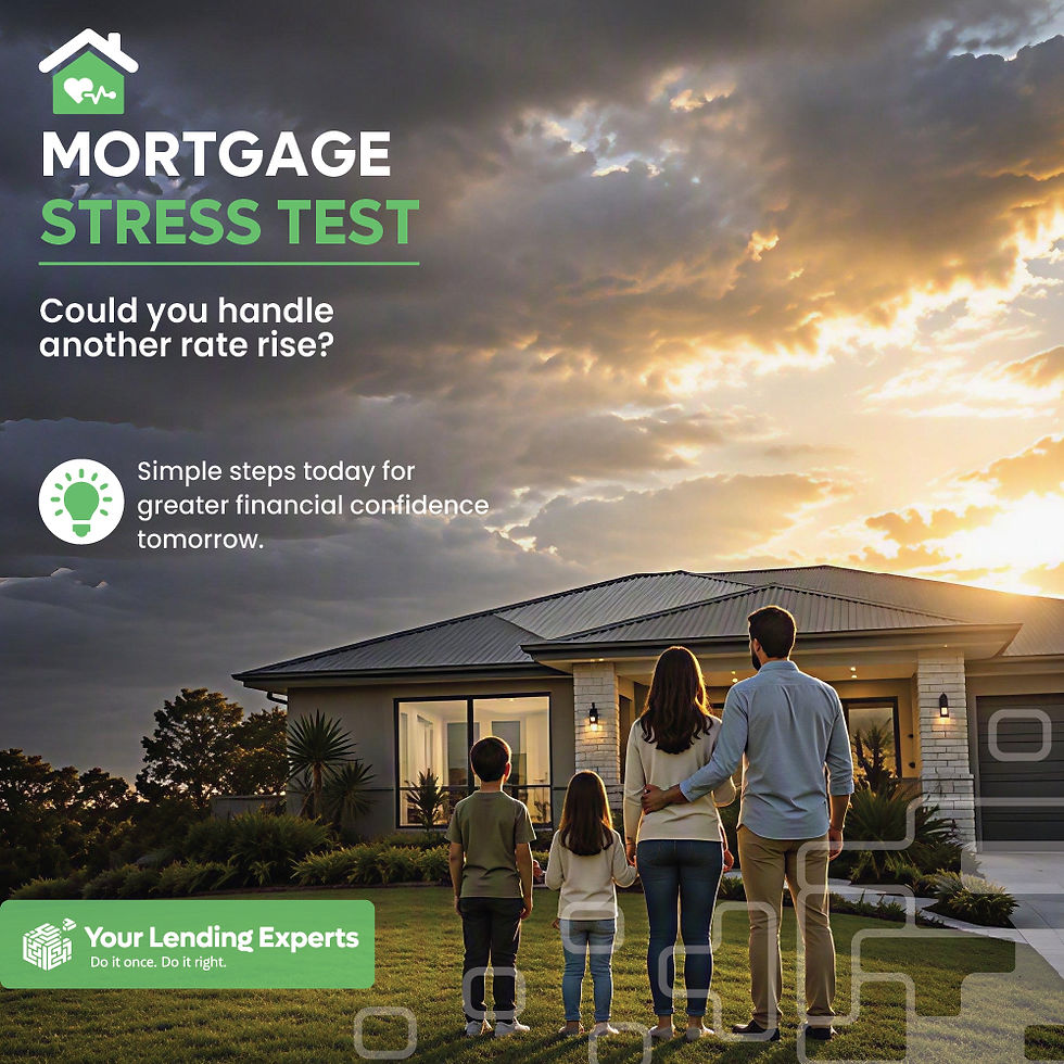 Family stands outside a modern home at sunset under stormy clouds; mortgage stress test ad asks, Could you handle another rate rise?