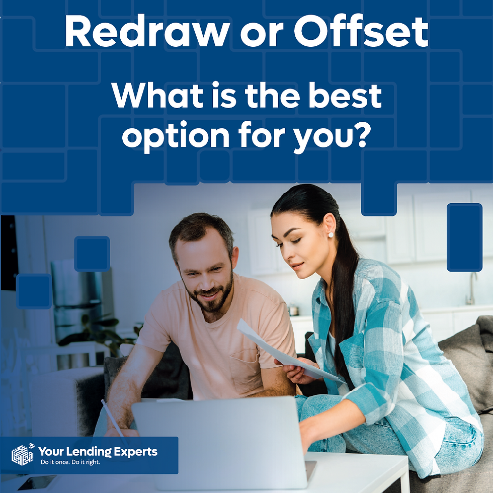 Couple reviewing finances on laptop; woman holds paper. Blue grid background with text: "Redraw or Offset: What is the best option?"